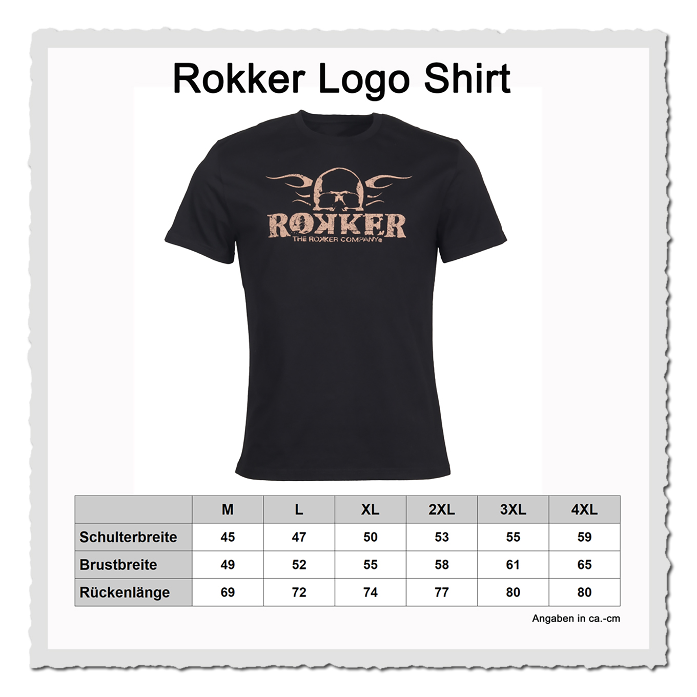 Grafik der einzelnen Größen und Bilde des freigestellten Shirts vor hellem Hintergrund